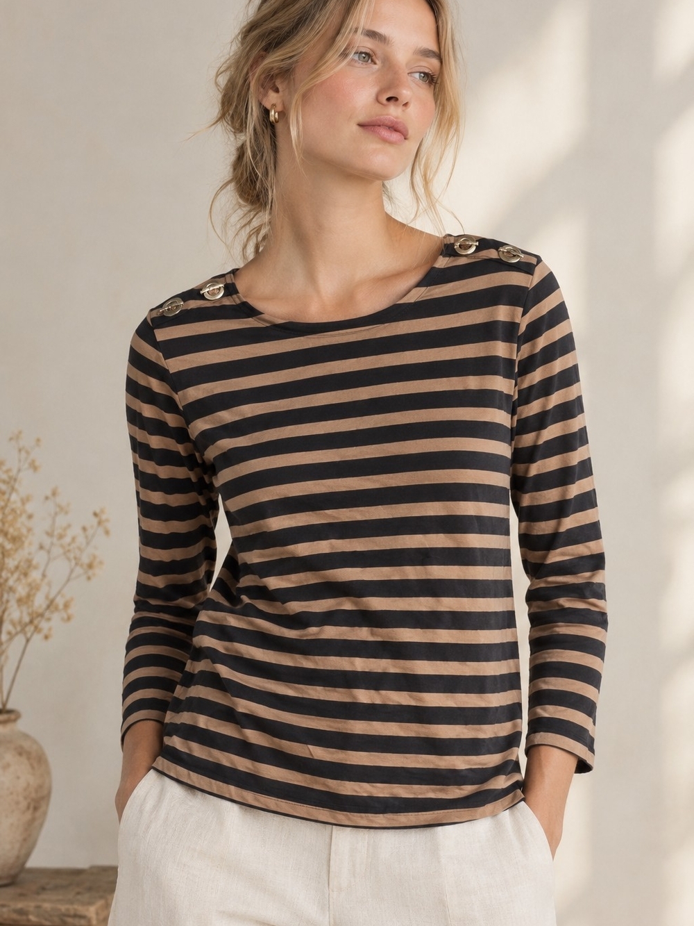Nautica women's black/beige striped boatneck Top long-sleeve French Chic Fall